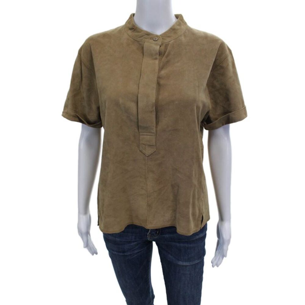 Closed Women Basic Brown Goat Skin Collared Short Sleeve Blouse Size M